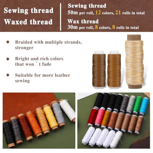 BUTUZE Leather Kit, Leather Tooling Kit for Beginners, Leathercraft Tools with Stamping Tools, Beveler, Groover, Stitching Punch Sewing Thread and Needles - Roll Bag and Manual
