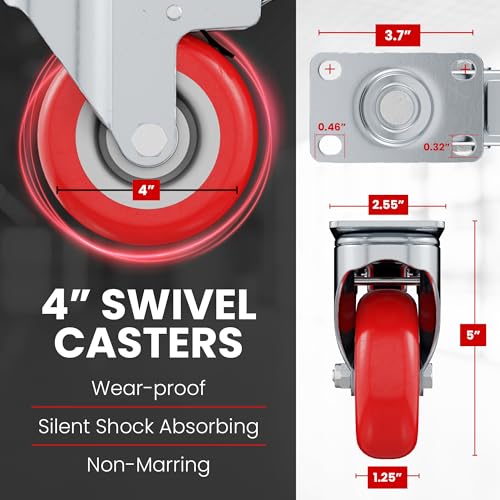 4 Pack Caster Wheels Swivel Plate Casters On Red Polyurethane Wheels (4 inch Plate) - size: 4 inch - No Brake