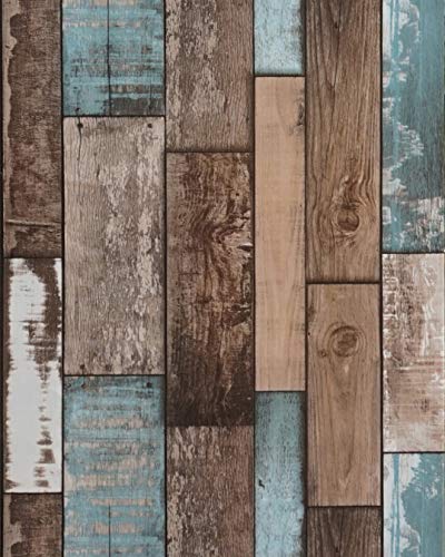 EeeComing 118''x17.7'' Wood Wallpaper Peel and Stick Wood Look Grain Plank Contact Paper Vintage Wall Paper Stick and Peel Self Adhesive Removable Wallpaper Rustic Distressed Faux Vinyl Roll - color: Brown and Blue, size: 18" x 118"