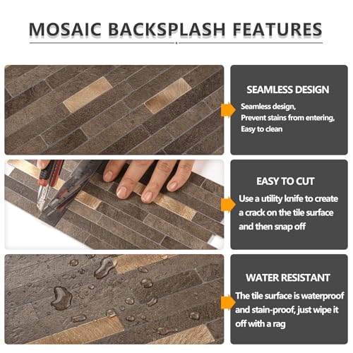 STICKGOO 20 Sheets Peel and Stick Backsplash Tile, Stick on Backsplash for Kitchen and Bathroom, Dark Brown Marble Look PVC Mixed Metal Gold Self Adhesive Wall Tiles - color: Dark Brown + Metal Gold