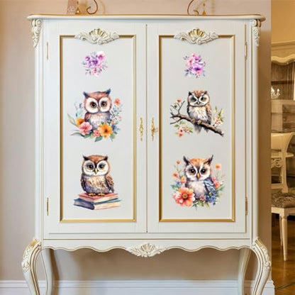 Peacoblue Owl and Flowers Rub On Transfers for Furniture Craft 6"x12" - style: Owl and Flowers