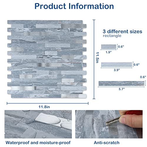 Midcard 10 Sheets Peel and Stick Backsplash PVC Wall Tile,for Kitchen Backsplash - color: Rectangular Dark blue with metallic silver