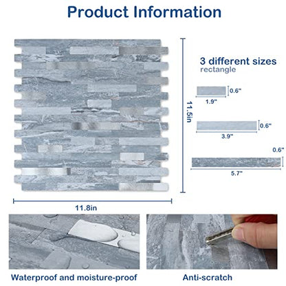 Midcard 10 Sheets Peel and Stick Backsplash PVC Wall Tile,for Kitchen Backsplash - color: Rectangular Dark blue with metallic silver
