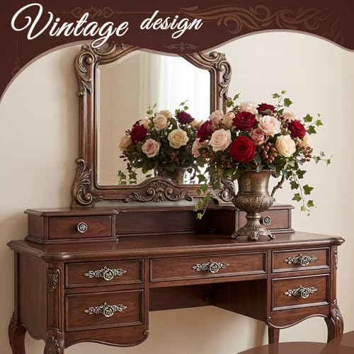 10 Pcs Antique Brass Cabinet Knobs Vintage Retro Drawer Knobs with Backplate Flower Shape Metal Dresser Pull Handles for Kitchen Cupboard Wardrobe Cabinet(Rose Cluster) - style: Rose Cluster
