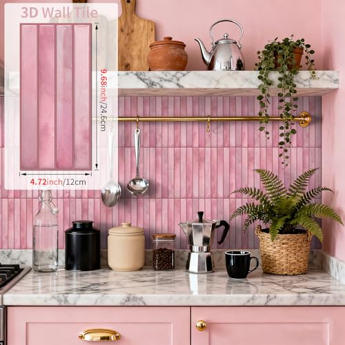 20-Sheet 3D Self-Adhesive Tile Backsplash for Kitchen, 9.68x4.72inch Peel and Stick Kitchen Backsplash Tiles, Thicker Design 3D Subway Waterproof Wall Tile Stickers - color: Pink