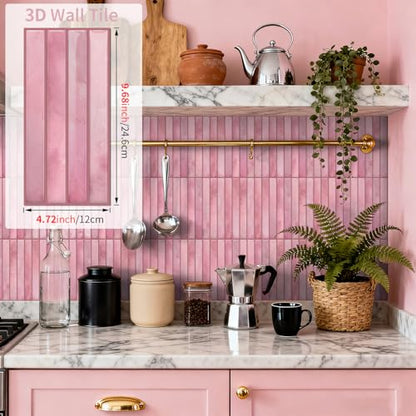 20-Sheet 3D Self-Adhesive Tile Backsplash for Kitchen, 9.68x4.72inch Peel and Stick Kitchen Backsplash Tiles, Thicker Design 3D Subway Waterproof Wall Tile Stickers - color: Pink