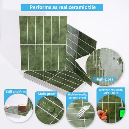 Art3d 11.4 x 9.1 in Faux Marble Peel and Stick, Backsplash Tile, Green - color: Green