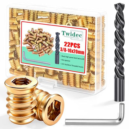 Twidec/22PCS 3/8-16 Threaded Inserts for Wood Furniture Screw-in Nut Wood Inserts Bolt Assortment Kit with Hex Wrench and Drill Bit(3/8-16x20mm) - size: 3/8-16x20mm