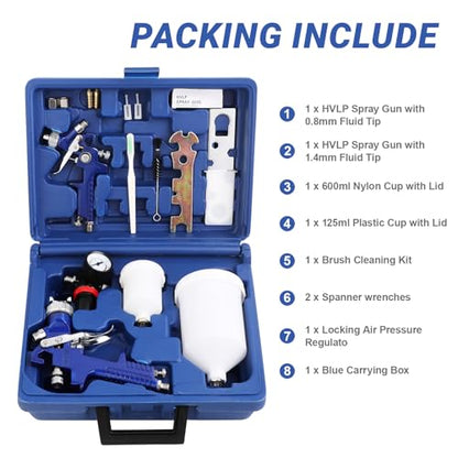 Professional 2-in-1 HVLP Gravity Feed Spray Gun Kit (1.4mm 600ml + 0.8mm 125ml) with Locking Pressure Regulator – Dual-Purpose Automotive & Model Painting Toolbox (Blue)