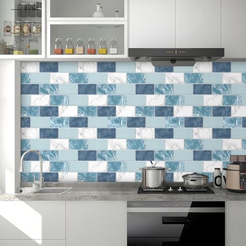 10 Sheets Peel and Stick Backsplash for Kitchen 12"X12" Renter Friendly Backsplash Back Splash Adhesive Subway Wall for Bathroom Deep Ocean Blue Marble Mixed Tile Sticker（Not 3D Tile