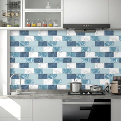10 Sheets Peel and Stick Backsplash for Kitchen 12"X12" Renter Friendly Backsplash Back Splash Adhesive Subway Wall for Bathroom Deep Ocean Blue Marble Mixed Tile Sticker（Not 3D Tile