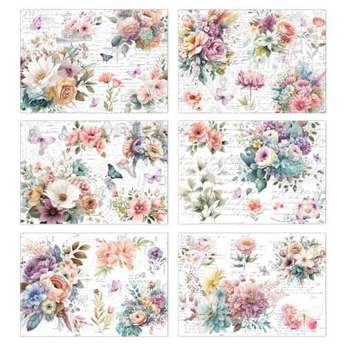 Wxiben 6 Pcs Watercolor Floral Rub on Transfers for Crafts and Furniture - style: Vintage Flower