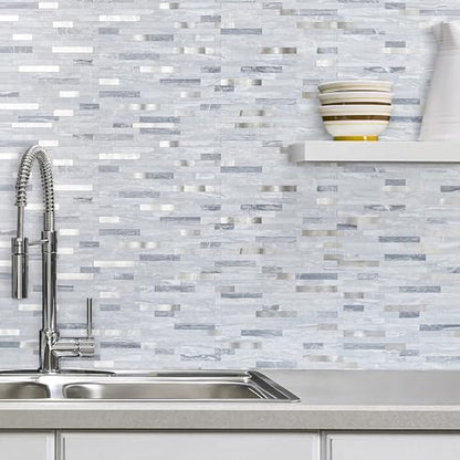 AULIGET 20 Sheets Faux Stone Peel and Stick Backsplash, Light Grey Marble Look PVC Mixed Metal Wall Tiles Stick on Backsplash for Kitchen - color: Light Grey + Metal Silver, size: 20 Sheets, 6"x12"x0.12"