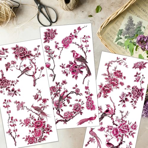 OLYCRAFT 3Pcs/Set Pink Flowers Rub on Transfers for Furniture and Crafts 6x12 Inch Bird Decor Transfer Stickers Oriental Style Decals with 1pc Scraper for Wooden Home Dresser Wardrobe Decoration - style: Oriental flower