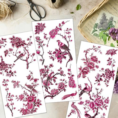 OLYCRAFT 3Pcs/Set Pink Flowers Rub on Transfers for Furniture and Crafts 6x12 Inch Bird Decor Transfer Stickers Oriental Style Decals with 1pc Scraper for Wooden Home Dresser Wardrobe Decoration - style: Oriental flower