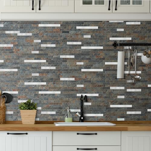 AULIGET 2 Sheets Rust Slate Peel and Stick Backsplash, PVC Mixed Metal Silver Wall Tile Stick on Backsplash for Kitchen and Bathroom - color: Rust Slate + Metal Silver, size: 2 Sheets, 6"x12"x0.12"
