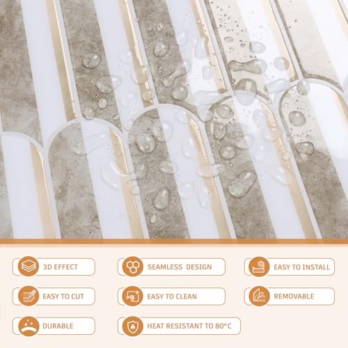 CRE8TIVE 4 Sheets Long Fish Scale Tile Peel and Stick Backsplash for Kitchen and Bathroom Adhesive Backsplash Stick on Wall Tiles Peel and Stick Shower Tile Waterproof 12"x12" White Brown Slate Tiles - color: White Brown, size: 12"x12" (4-Sheets)