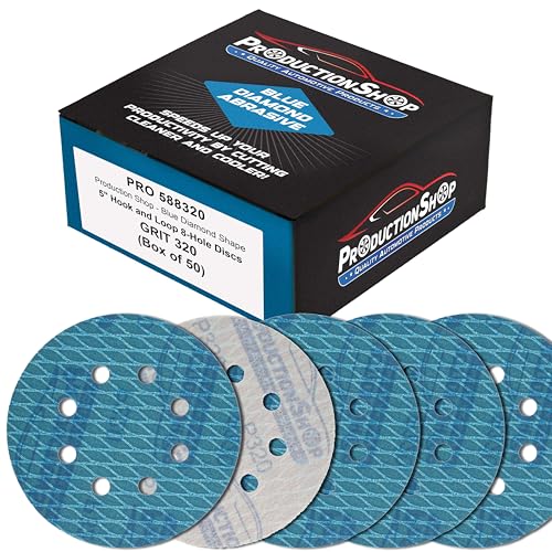 ProductionShop Premium 320 Grit 5" Rhombus Diamond Shape Blue Sanding Discs, 8-Hole, Box of 50 - Hook & Loop Anti-Clogging J-Cloth Dustless Sandpaper for Random Orbital Sanders, Sand Auto Paint, Wood - style: 320 Grit