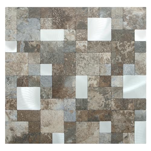 DICOFUN 12" x 12" Square Mosaic Peel and Stick Tile Backsplash, Mixed Metal Silver Stick on Wall Kitchen and Bathroom Tiles, Stick on Backsplash for Stove (10, Beige & Brown Slate) - color: Beige and Brown Slate, size: 10 Sheets, 12"x12"x0.12"