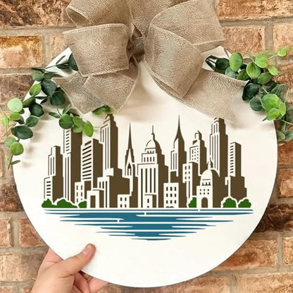 FINGERINSPIRE The City Skyline Painting Stencil with Paint Brush 8.3x11.7inch Reusable Building Pattern Drawing Template Plastic PET Construction Lake Stencil Architecture Theme Template for Decor - style: The City Skyline