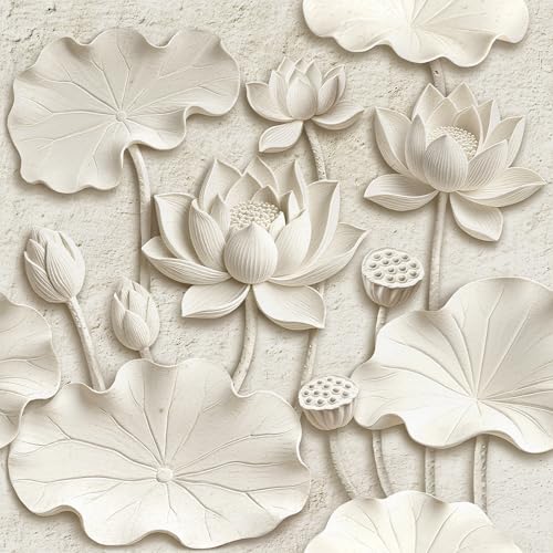 Stickyart 3D Lotus Floral Wallpaper Peel and Stick Beige Embossed Flower Contact Paper Removable Luxury Lotus Flower Faux 3D Wallpaper Vinyl Modern Wall Paper for Bedroom Wall Cabinets 17.5"x80" - size: 17.5" x 80"