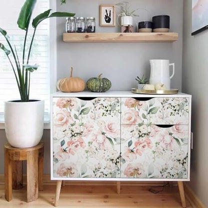 MuralPeel Neutral White/Pink/Green Romantic Rose Peony Peel and Stick Wallpaper Self Adhesive Removable Easy Peel Off Stick on Wall Paper for Bedroom Cabinet Renter - color: White Pink Rose, size: 17.7" x 118.1"