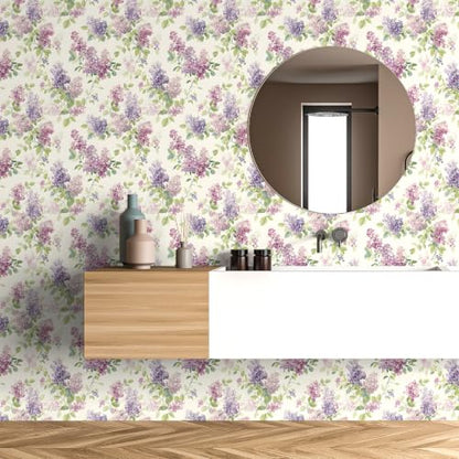Lilac Floral Wallpaper Peel and Stick Wallpaper Purple 17.7"x160" - size: 17.7" x 160"