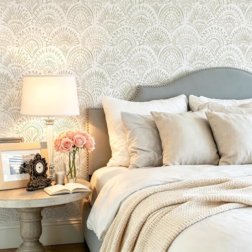 Safiyya Peel and Stick Wallpaper Boho Contact Paper 17.3"x 393" Beige and White Modern Wall Paper Self Adhesive Removable Wallpaper for Bedroom Vinyl Rolls - color: Beige and White, size: 17.3" x 393"