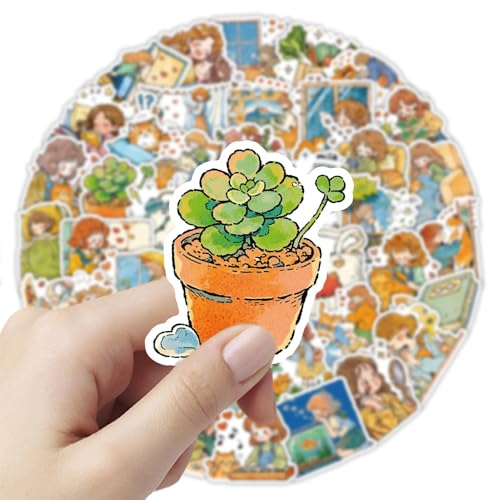 50PCS Cozy Cat Girl Stickers, Waterproof Vinyl Watercolor Aesthetic Decals for Scrapbooking, Journaling, Water Bottles, Laptops, Envelopes, Cup, Suitcase, Cute Home & Cat Lover Stickers for Girls - color: Cozy Cat Girl -6