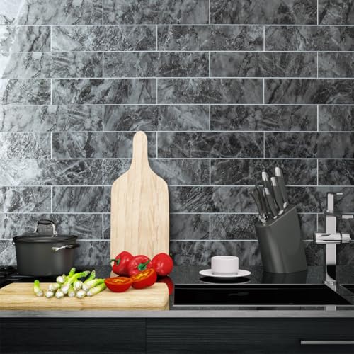AULIGET 40-Piece Polished Dark Grey Marble Peel and Stick Backsplash Wall Tiles, 3" x 12" PVC Faux Stone Stick on Tiles for Backsplash Kitchen, Bathroom, Laundry Room, Camper, Fireplace - color: Polished Dark Grey Marble, size: 40 Pieces, 3"x12"x0.12"