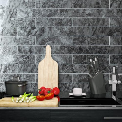 AULIGET 40-Piece Polished Dark Grey Marble Peel and Stick Backsplash Wall Tiles, 3" x 12" PVC Faux Stone Stick on Tiles for Backsplash Kitchen, Bathroom, Laundry Room, Camper, Fireplace - color: Polished Dark Grey Marble, size: 40 Pieces, 3"x12"x0.12"