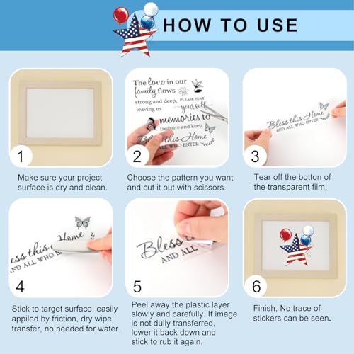 Whaline 12 Sheets Patriotic Rub on Transfer for Crafts Rub on Transfer Stickers Red Blue Star Heart Fireworks Furniture Decals for 250th Anniversary 4th of July Independence Day, 5.5 x 5.5 Inch