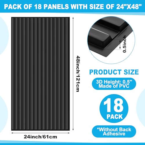 Nuanchu 18 Pack 4x2 FT 3D Slat Wall Panels Large PVC Fluted Panel Decorative Cuttable Glue up Drop Ceiling Tiles for Interior Wall Art Living Room Bedroom Bathroom TV Background Studio(Black)