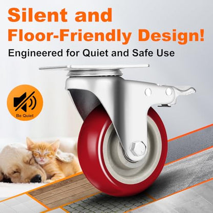 4" Heavy Duty Caster Wheel with Brake, Swivel Casters Set of 4 - color: Red, size: 4 IN