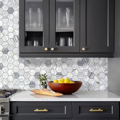 DICOFUN Hexagon Tile Peel and Stick Backsplash, Grey Marble Look PVC Mixed Silver Metal Mosaic Tiles, Pack of 1 - color: Marble Grey + Silver Metal Chip, size: 1 Sheet, 12''x12''x0.12''