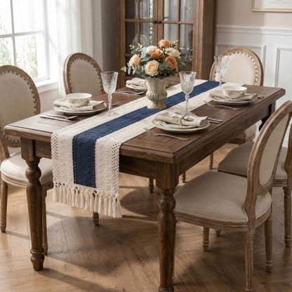 Boho Macrame Table Runner with Tassels 36in Blue Farmhouse Runner - color: White & Blue, size: 12'' x 36''