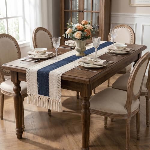 Boho Macrame Table Runner with Tassels 72in Blue Farmhouse Runner - color: White & Blue, size: 12'' x 72''