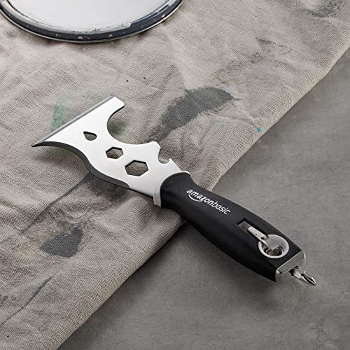 Amazon Basics 14-IN-1 Soft Grip Painters Tool with Hammer End, Paint Scraper, Nail Puller, Roller Cleaner, 3", Black