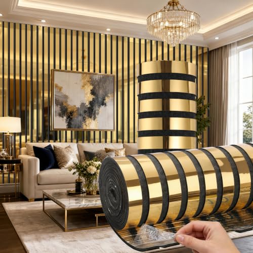 Mirror Striped Peel and Stick Wallpaper 6mm Thick 3D Gold Wall Decor Stripe Wallpaper Self-Adhesive Removable Waterproof Wall Paper Modern Living Room - color: Gold