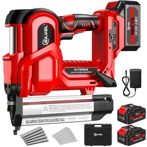 SILVEL 2" Cordless Brad Nailer, 2-in-1 21V Electric Brad Nailer Stapler with 2 * 4.0Ah Battery, 1000pcs Nails, 18GA Staples, Adjustable Depth for Woodworking, Home Improvement - color: Red-4