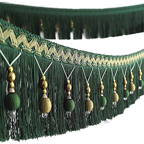 Yalulu 4 Yard x 3.9 Inch Braided Beads Hanging Ball Tassel Fringing Trimmings Fringe Trim Ribbon for Curtain Table Home Accessories DIY Decoration (Dark Green) - color: Dark Green