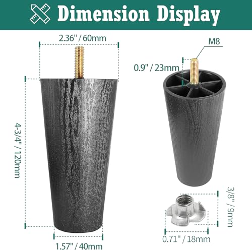4pcs Plastic Furniture Legs 4-3/4" with T-Nuts, M8-1.25 Bolt - size: 4-3/4 Inch, M8-1.25 Metric Thread Bolts