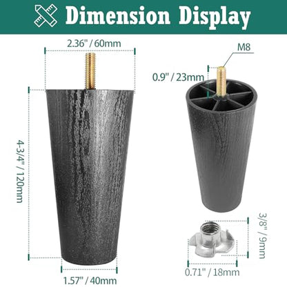 4pcs Plastic Furniture Legs 4-3/4" with T-Nuts, M8-1.25 Bolt - size: 4-3/4 Inch, M8-1.25 Metric Thread Bolts
