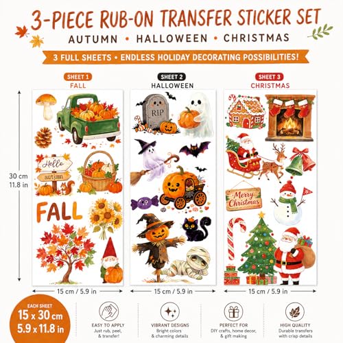 WANDIC 3 Sheets Rub On Transfer Stickers, Autumn Halloween Christmas Combo Set Waterproof Decal for Furniture Wood Scrapbook Crafts Journal Card Making - color: Autumn & Halloween & X Mas