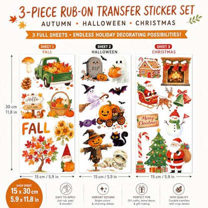 WANDIC 3 Sheets Rub On Transfer Stickers, Autumn Halloween Christmas Combo Set Waterproof Decal for Furniture Wood Scrapbook Crafts Journal Card Making - color: Autumn & Halloween & X Mas