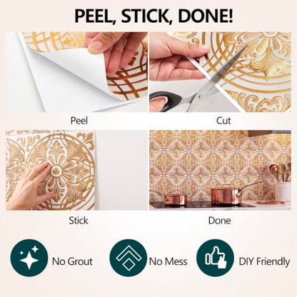 48Pcs 3D Metallic Peel &Stick Wall Tile 8x8, Gold, Cream Gold Relief Floral - color: Gold, style: Cream Gold Relief Floral