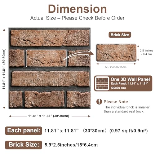 3D Brick Wall Panels Peel and Stick,10Pcs Self Adhesive PVC Tiles - color: Tawny Brick