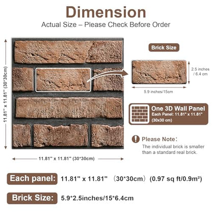 3D Brick Wall Panels Peel and Stick,10Pcs Self Adhesive PVC Tiles - color: Tawny Brick