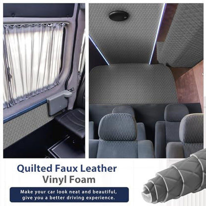 SmoothNovelty 2.1 Yards Diamond Quilted Vinyl Headliner Material 55 in Wide Faux Leather with Foam Backed 2" x 3" Diamonds Pattern Fabric for Car Furniture Upholstery(Dark Gray, White Thread) - color: Gray, size: 2.1 Yards