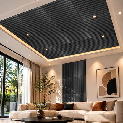 Art3d 6-Pack Acoustic Wood Slat Panel & Ceiling Tile, 2 x 2 ft, Blackwood - color: Blackwood, size: 24 x 24 inch